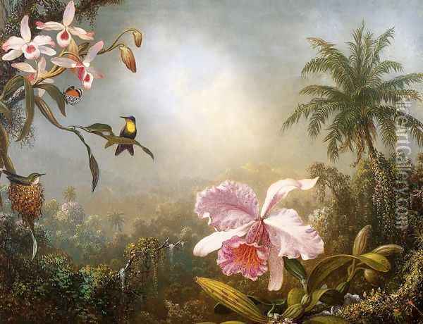 Orchids Nesting Hummingbirds And A Butterfly Oil Painting - Martin Johnson Heade