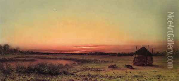 Marsh Scene Two Cattle In A Field Oil Painting - Martin Johnson Heade