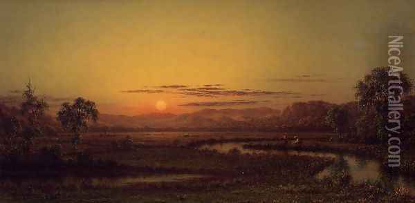 Two Fishermen In The Marsh At Sunset Oil Painting - Martin Johnson Heade