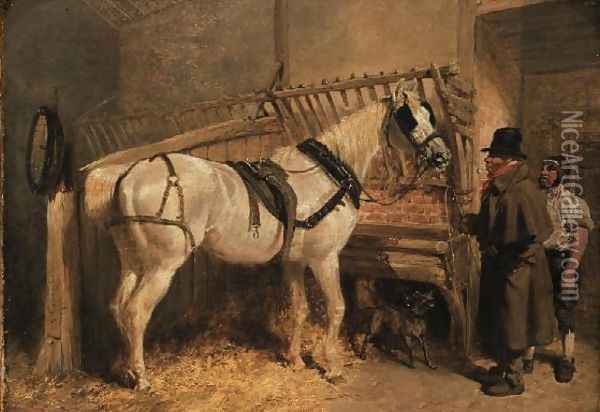 A St. Giles' Cab Horse in a Stable with Grooms Oil Painting - John Frederick Herring Snr