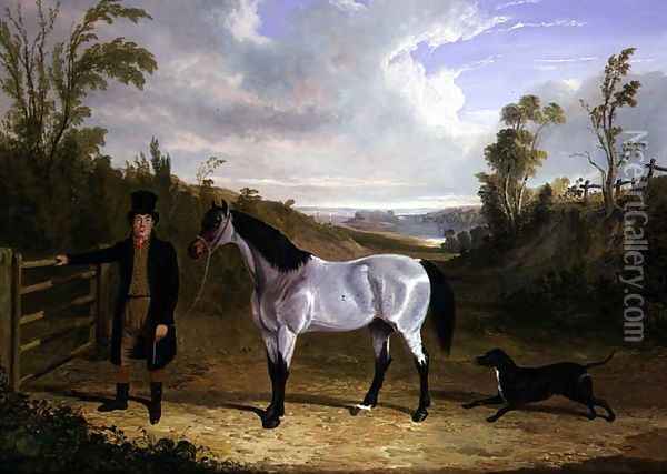 Benjamin Smith's Groom Leslie, with favourite hunter 'Avondale' in a landscape Oil Painting - John Frederick Herring Snr