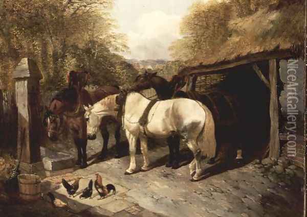 Farmyard with Horses and Chickens Oil Painting - John Frederick Herring Snr