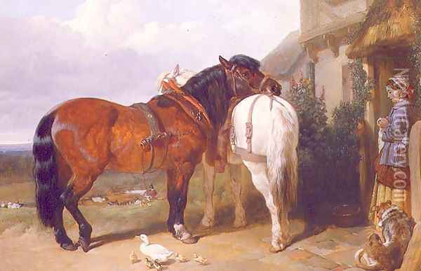 Carthorses by a Cottage Door, 1854 Oil Painting - John Frederick Herring Snr
