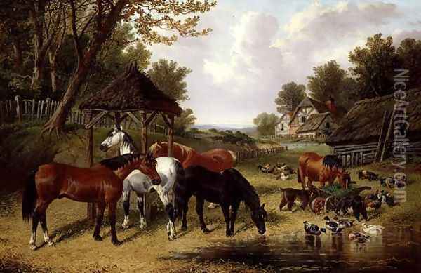 Horses by a Farmyard pond Oil Painting - John Frederick Herring Snr