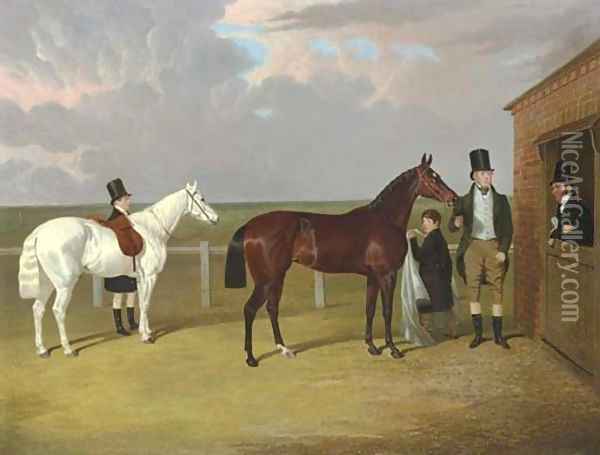Vespa, a brown filly, held by her owner, Sir Mark Wood, Bt., her trainer seen leaning on a stable door, and a groom with a grey pony in attendance Oil Painting - John Frederick Herring Snr