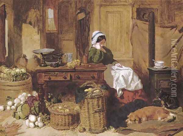 Jennie asleep at a kitchen table, surrounded by fruit and vegetables, with two dogs and a cat in front of the stove at her feet Oil Painting - John Frederick Herring Snr