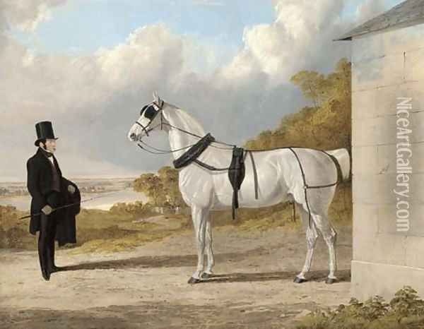 Portrait of James Hartley with a grey carriage horse, in an extensive river landscape Oil Painting - John Frederick Herring Snr