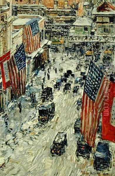Flags on 57th Street, Winter 1918 Oil Painting - Childe Hassam