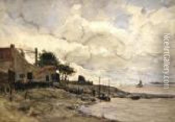Coastal Scene With Cottages Woodland And Shipping Oil Painting - Louis Apol