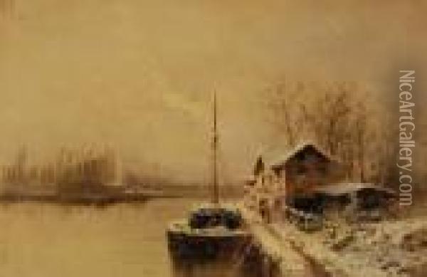 Dutchwinter River Scene With Moored Barges Oil Painting - Louis Apol