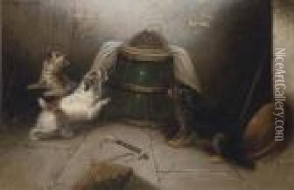 Terriers At A Rabbit Hole; And Terriers Ratting In A Barn Oil Painting - George Armfield