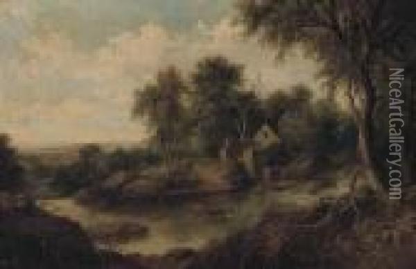 Figures In A River Landscape Oil Painting - George Armfield
