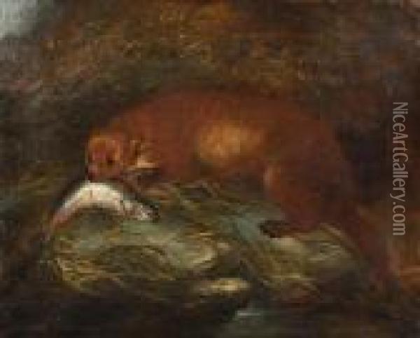 An Otter With Its Catch Oil Painting - George Armfield