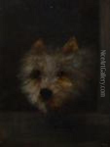A Terrier Dog At Kennel Entrance Oil Painting - George Armfield