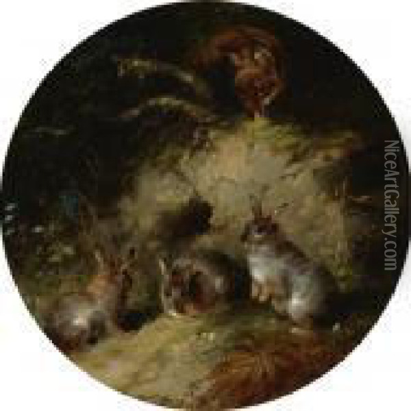 A Fox Stalking Three Rabbits Oil Painting - George Armfield