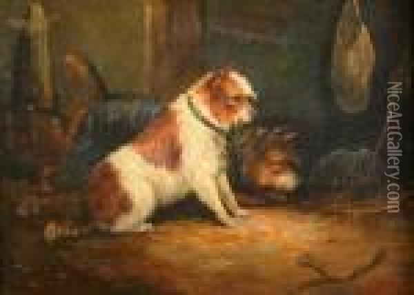 Two Terriers In Abarn Interior With A Rat Caught In A Trap Oil Painting - George Armfield
