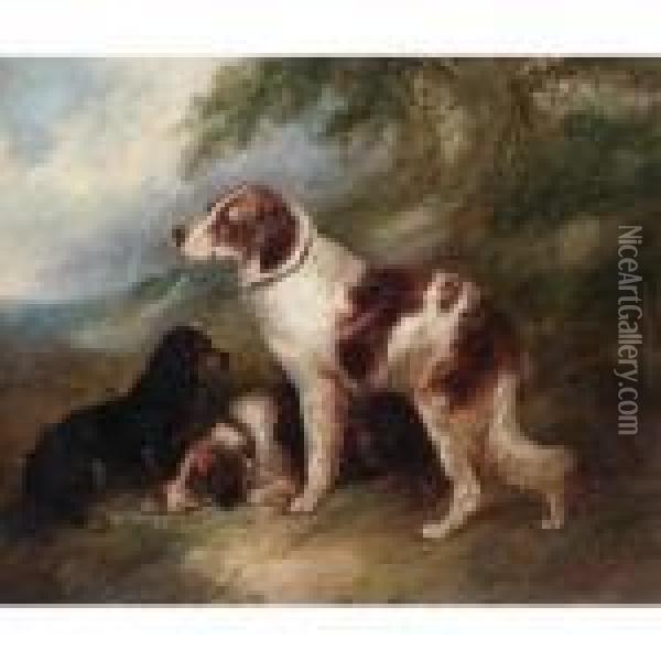 Three Spaniels In A Landscape Oil Painting - George Armfield