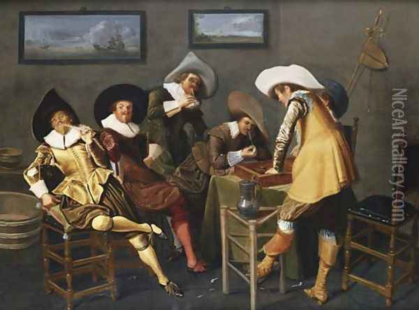 Gentlemen Smoking and Playing Backgammon in an Interior Oil Painting - Dirck Hals