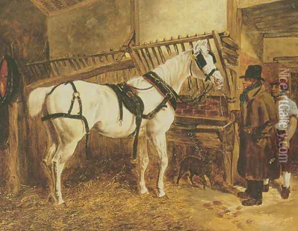 St. Giles Grey Coach Horse in Stable with Grooms Oil Painting - John Frederick Herring Snr