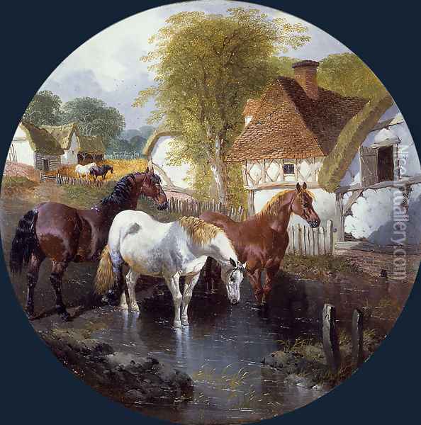 At the Watering Hole Oil Painting - John Frederick Herring Snr