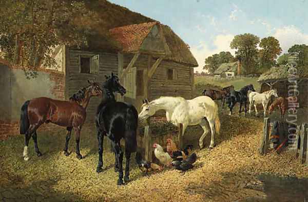 Horses and Chickens in a Farmyard Oil Painting - John Frederick Herring Snr