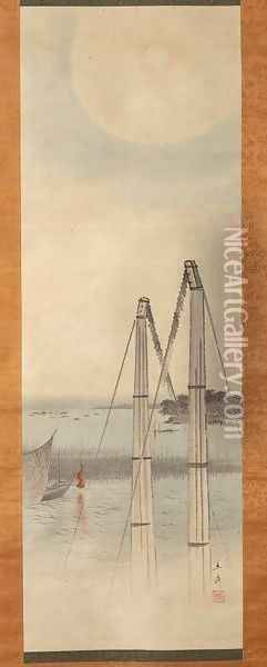 Fishing Boats at Tsukuda Island, Edo Oil Painting - Utagawa or Ando Hiroshige
