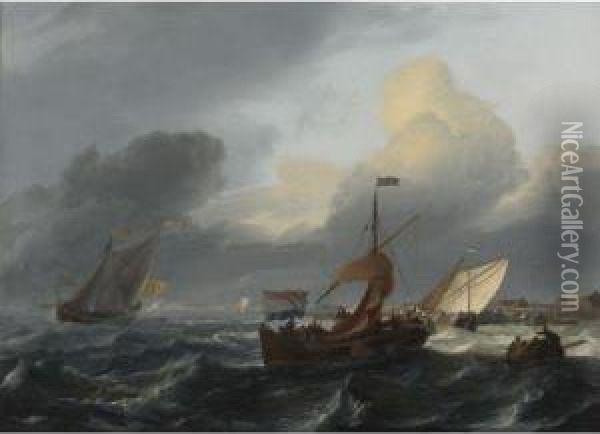 Small Dutch Vessels In Breezy Coastal Waters, A Harborbeyond Oil Painting - Ludolf Backhuysen