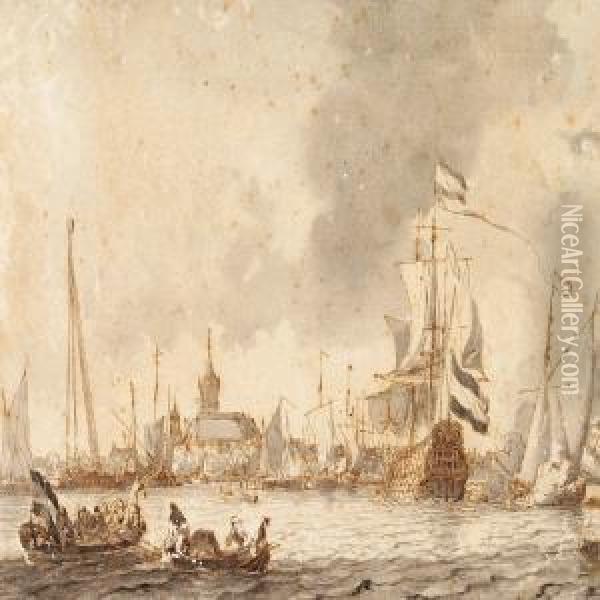 A Harbour View With A Man Of War And Several Smaller Ships Oil Painting - Ludolf Backhuysen