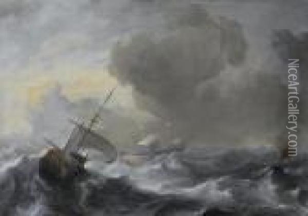 A Threemaster With The Amsterdam Coat-of-arms, With Other Vessels, In A Storm Oil Painting - Ludolf Backhuysen