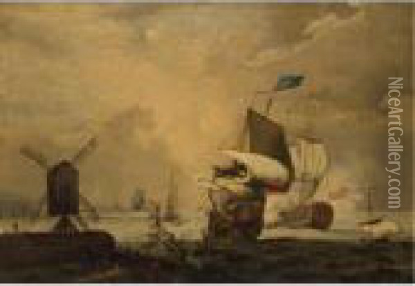 An English Man-of-war Firing A Salute Off The Coast Oil Painting - Ludolf Backhuysen