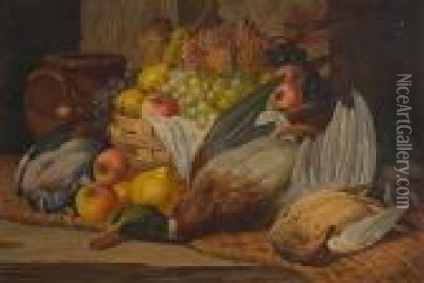 Still Life With Game Birds And Basket Of Fruit Oil Painting - Charles Thomas Bale