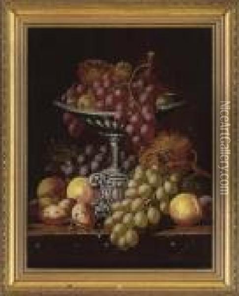Grapes, Peaches And Apricots On A Table; And Dead Game And Fruit On A Table Oil Painting - Charles Thomas Bale