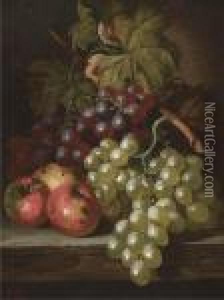 Grapes And Apples On A Wooden 
Ledge; And Grapes, Peaches, A Plum,and A Squash, On A Stone Ledge Oil Painting - Charles Thomas Bale