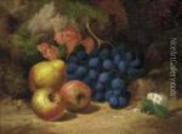 Apples, Grapes, A Pear And Blossom, On A Mossy Bank Oil Painting - Charles Thomas Bale