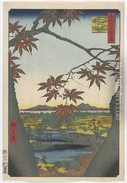 Maple Trees at Mama Tekona Shrine and Linked Bridge Edo period Oil Painting - Utagawa or Ando Hiroshige