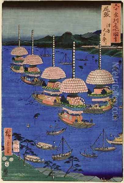 Decorated Boats at the Sanno Festival at Tsushima Owari Province from Famous Places of the Sixty Provinces Oil Painting - Utagawa or Ando Hiroshige