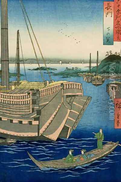 Shimonoseki harbour with boats Nagato Province from Famous Places of the Sixty Provinces Oil Painting - Utagawa or Ando Hiroshige
