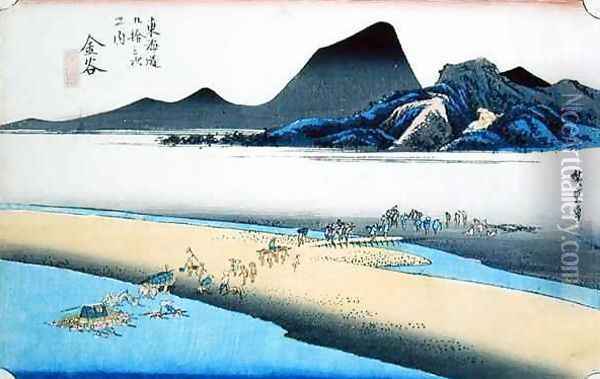 Kamaya Oigawa Embo Further Bank of the Oi River No 25 from the series 53 Stations of the Tokaido Raod Oil Painting - Utagawa or Ando Hiroshige
