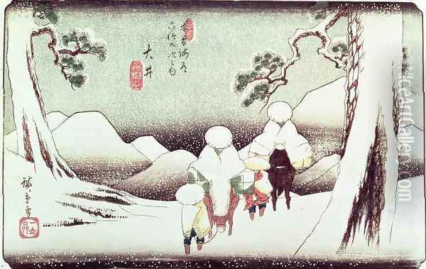 Travellers in the Snow at Oi from the series 69 Stations of Kisokaido Oil Painting - Utagawa or Ando Hiroshige