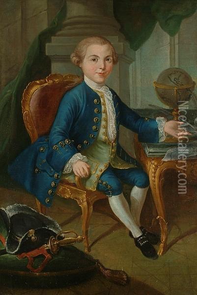 Portrait Of A Child, Seated At A
 Desk, With A Blue Coat And Breeches And A Green Embroidered Waistcoat, 
Gesturing To A Globe And Maps Oil Painting - Pompeo Gerolamo Batoni