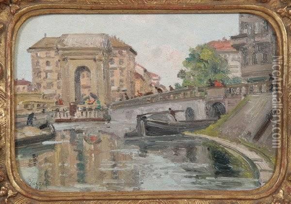 European Canal Scene Oil Painting - Leonardo Bazzaro