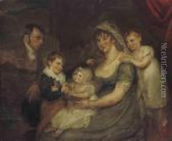 Portrait Of A Family Before A Red Curtain Oil Painting - Sir William Beechey