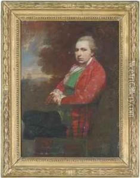 Portrait Of Charles William Le 
Geyt, Seated, Three-quarter-length,in A Red Coat, Green Waistcoat And 
Black Breeches, A Book In Hisright Hand, A Landscape Beyond Oil Painting - Sir William Beechey