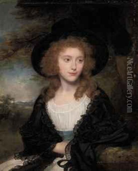 Portrait Of Lady Georgiana 
Beauclerk (1776-1791), Half-length, In Asilk Gown, With A Black Hat And 
Shawl, A Landscape Beyond Oil Painting - Sir William Beechey