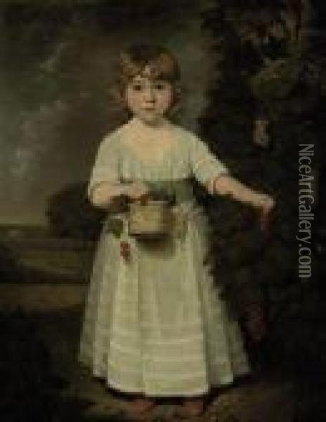 Portrait Of A Young Girl, 
Full-length, In A White Dress With A Bluesash, A Basket With Grapes In 
Her Right Hand, In A Landscape Oil Painting - Sir William Beechey