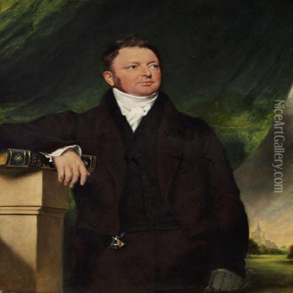 Portrait Of A Gentleman In A Black Jacket With One Hand Restingon The Bible Oil Painting - Sir William Beechey