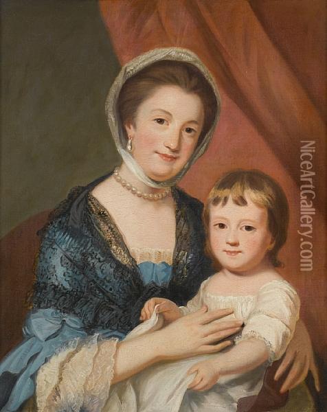 Portrait Of A Mother And Child,three-quarter-length, Seated Before A Red Curtain Oil Painting - Sir William Beechey