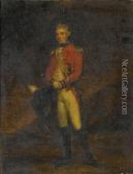 Portrait Of An Officer, Small 
Full-length, Standing In An Open Landscape With An Encampment Beyond Oil Painting - Sir William Beechey