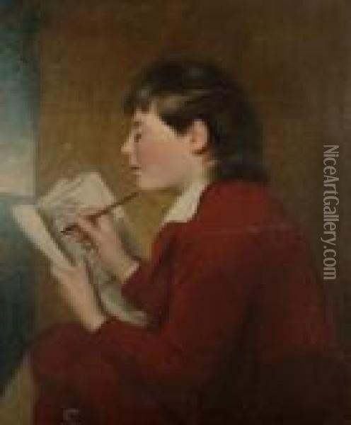 Portrait Of A Young Boy Sketching Oil Painting - Sir William Beechey