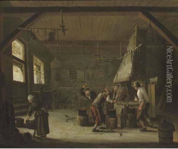 Blacksmiths In Their Workshop Oil Painting - Cornelis (Pietersz.) Bega
